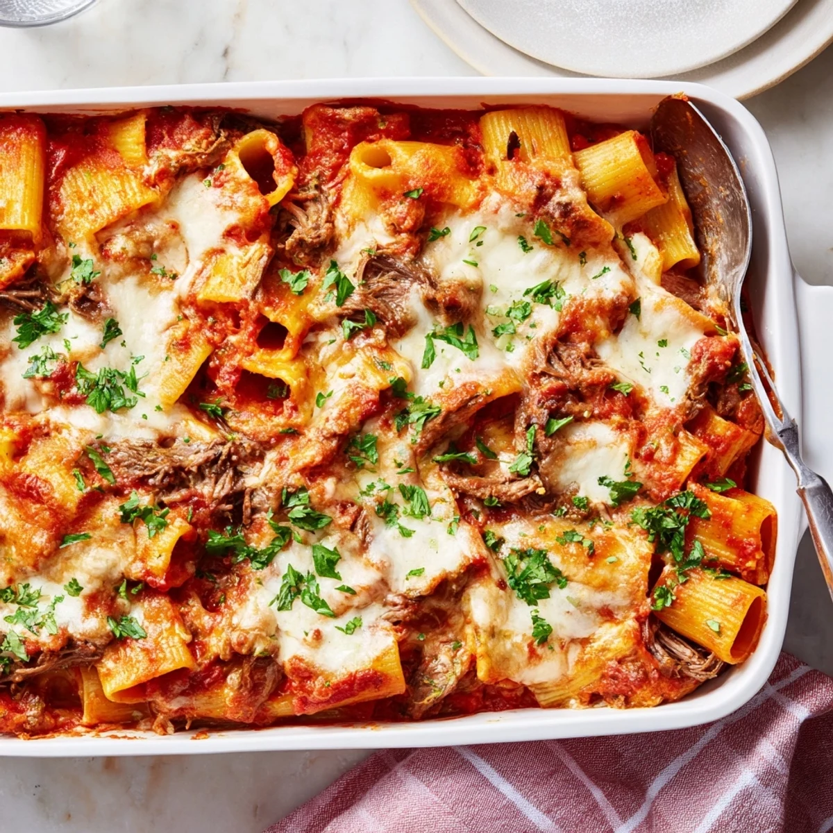 Tender chuck roast pasta bake layered with mozzarella and parmesan over red tomato sauce