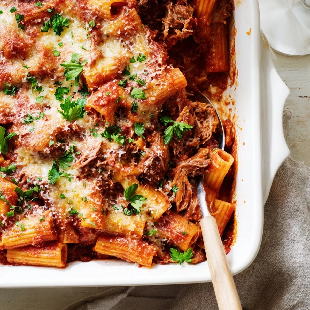 Hearty beef chuck roast baked with rigatoni in tangy tomato sauce under melted cheese topping