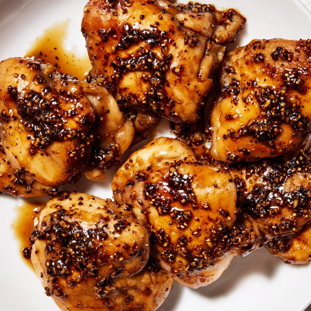 Golden brown garlic black pepper chicken thighs garnished with fresh green onions and sesame seeds