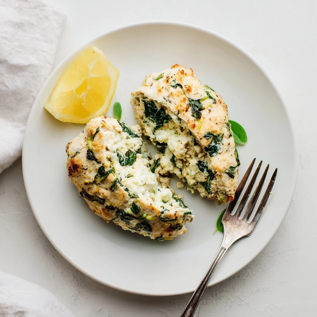 Juicy stuffed chicken breast oozing creamy feta and tender spinach after baking