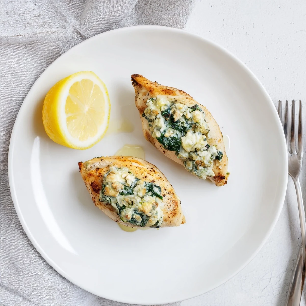 Mediterranean style chicken breast filled with feta cheese and fresh spinach, served with lemon