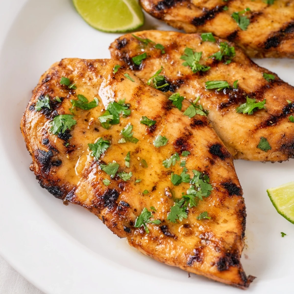 Juicy honey lime marinated Key West Grilled Chicken with beautiful grill marks and tropical herb topping