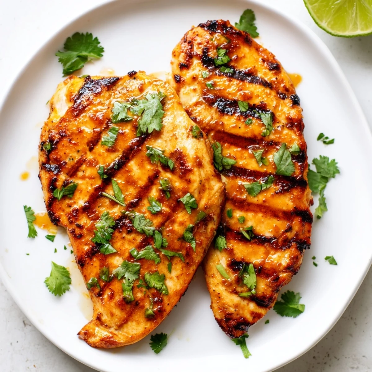 Golden brown Key West Grilled Chicken garnished with fresh cilantro and lime wedges on a white plate