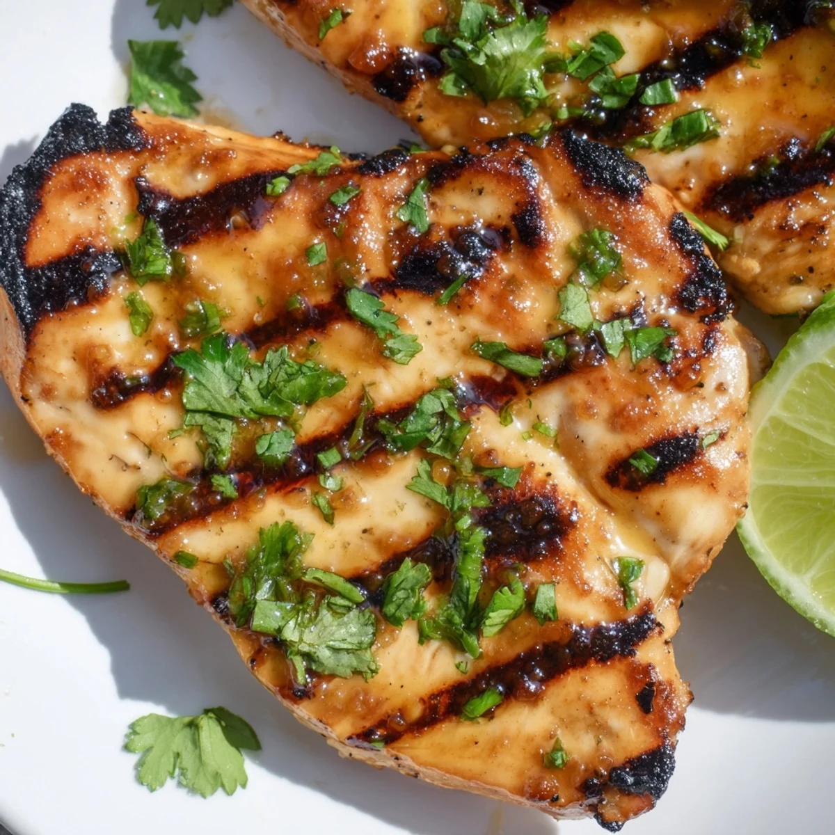 Perfectly grilled Key West Grilled Chicken resting on a serving platter with zesty lime slices and green cilantro