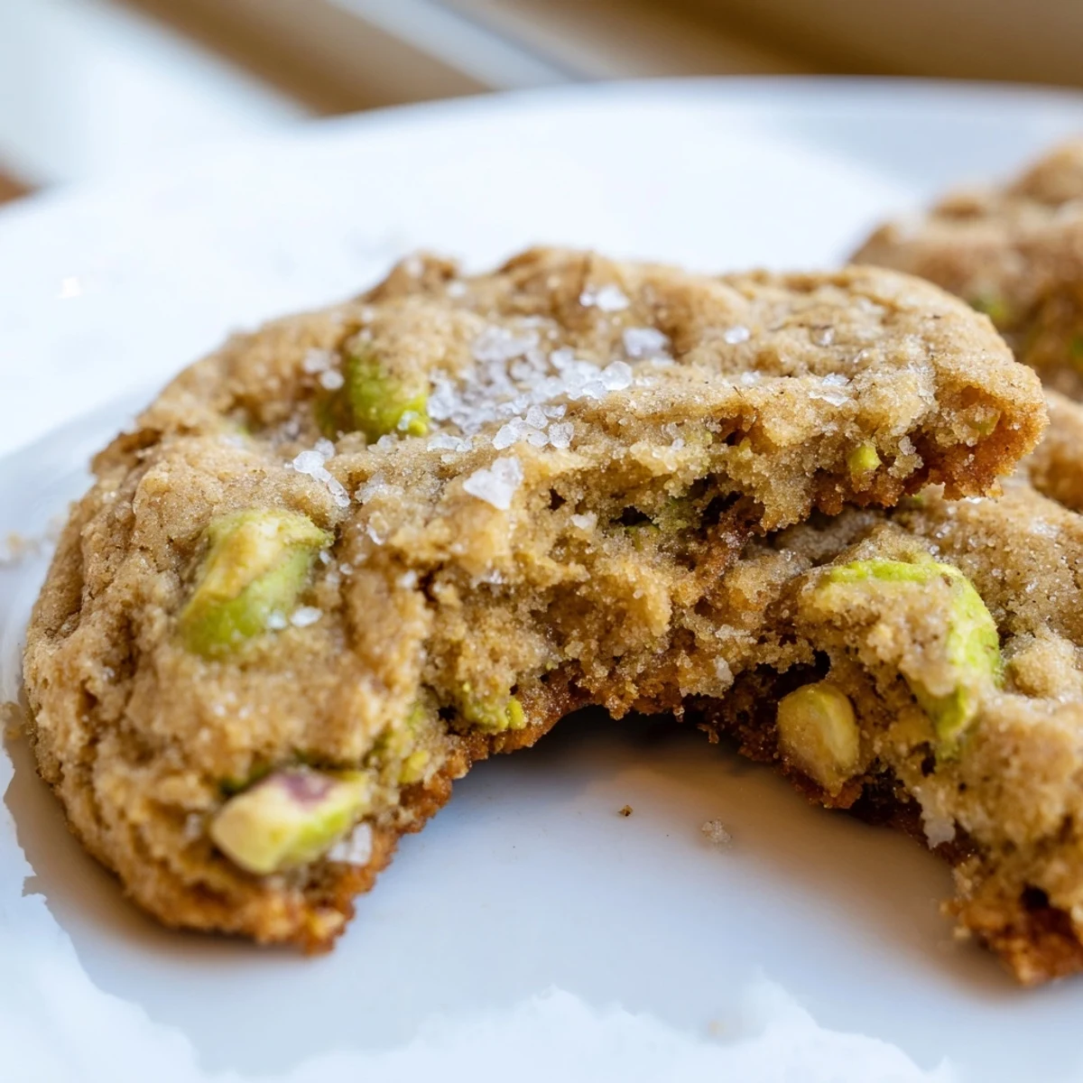 Golden brown salted honey pistachio cookies topped with flaky sea salt on a white plate