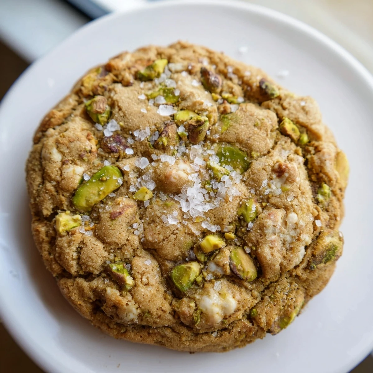 Chewy honey cookies studded with bright green pistachios and glistening salt crystals close up
