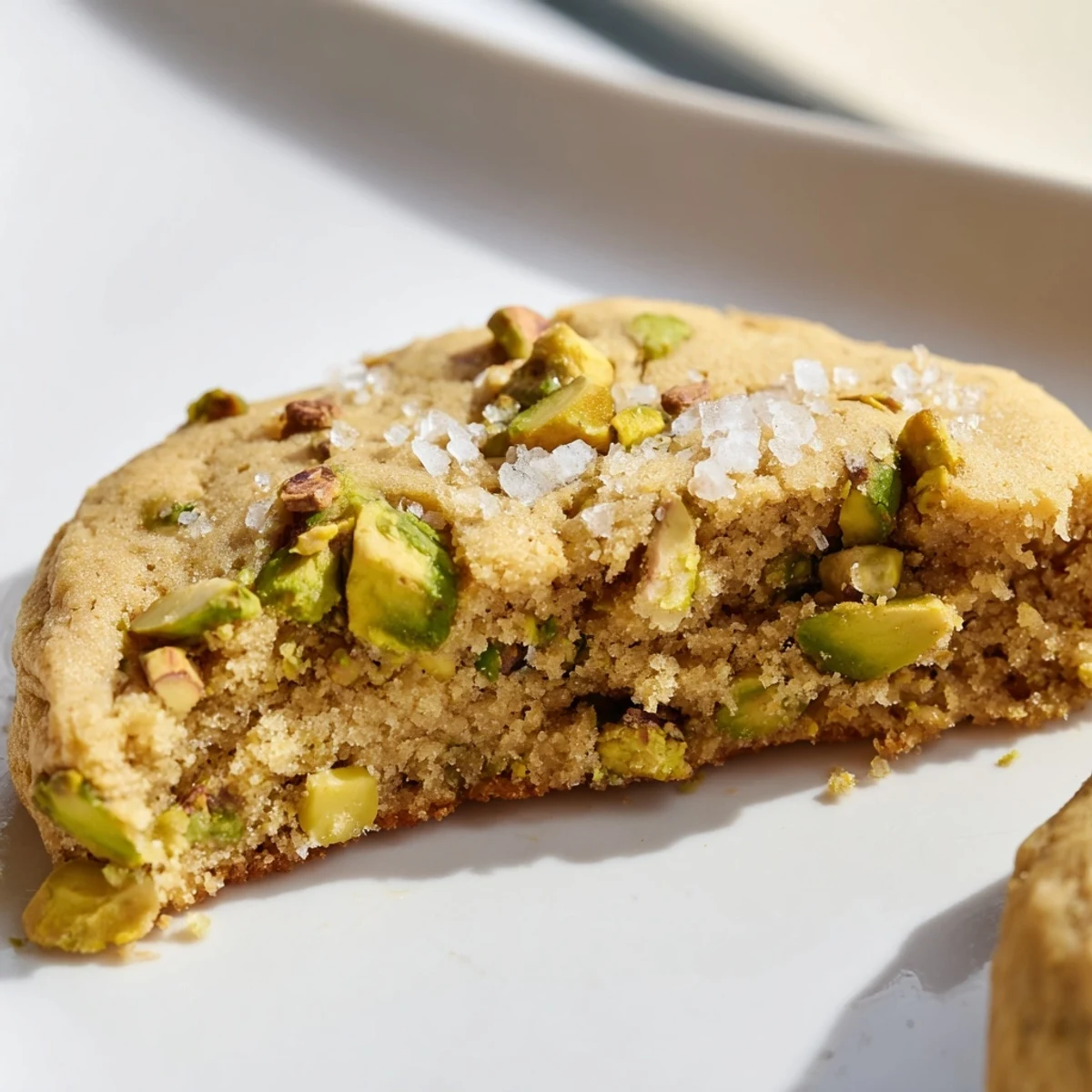 Soft baked salted honey pistachio cookies arranged on a rustic wooden cutting board for serving