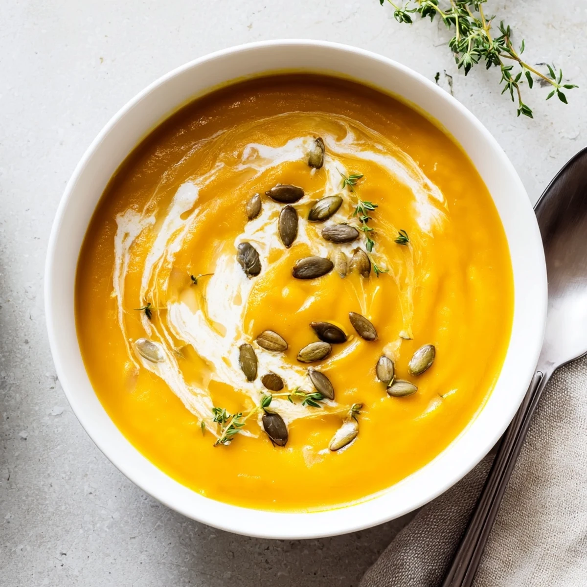Golden bowl of creamy roasted butternut squash soup garnished with fresh thyme and toasted pumpkin seeds