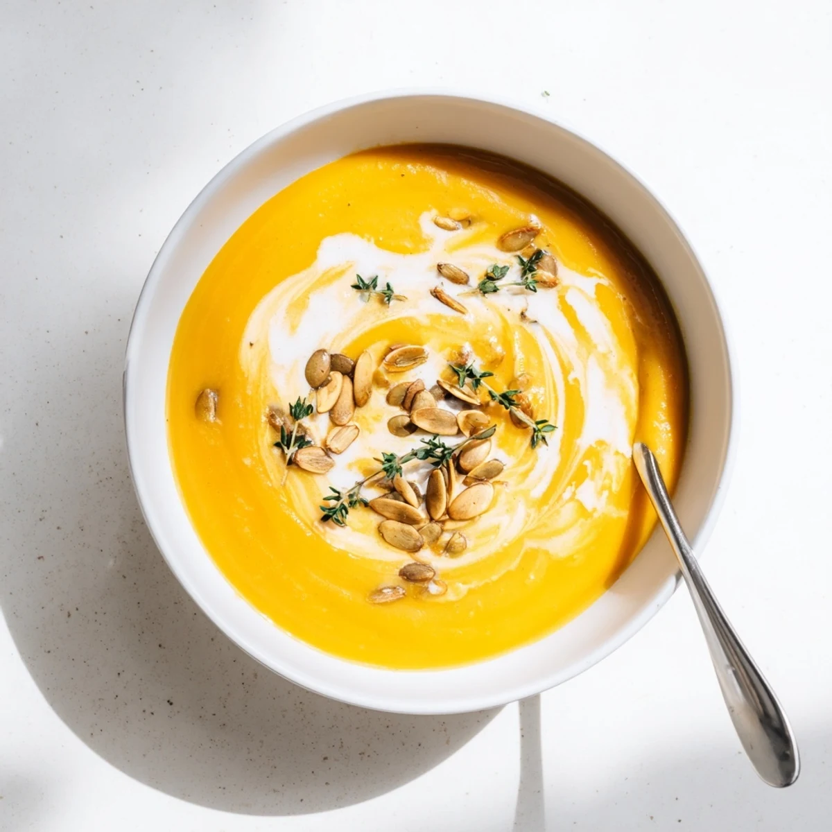 Velvety orange butternut squash soup drizzled with cream alongside crusty bread on a rustic wooden table