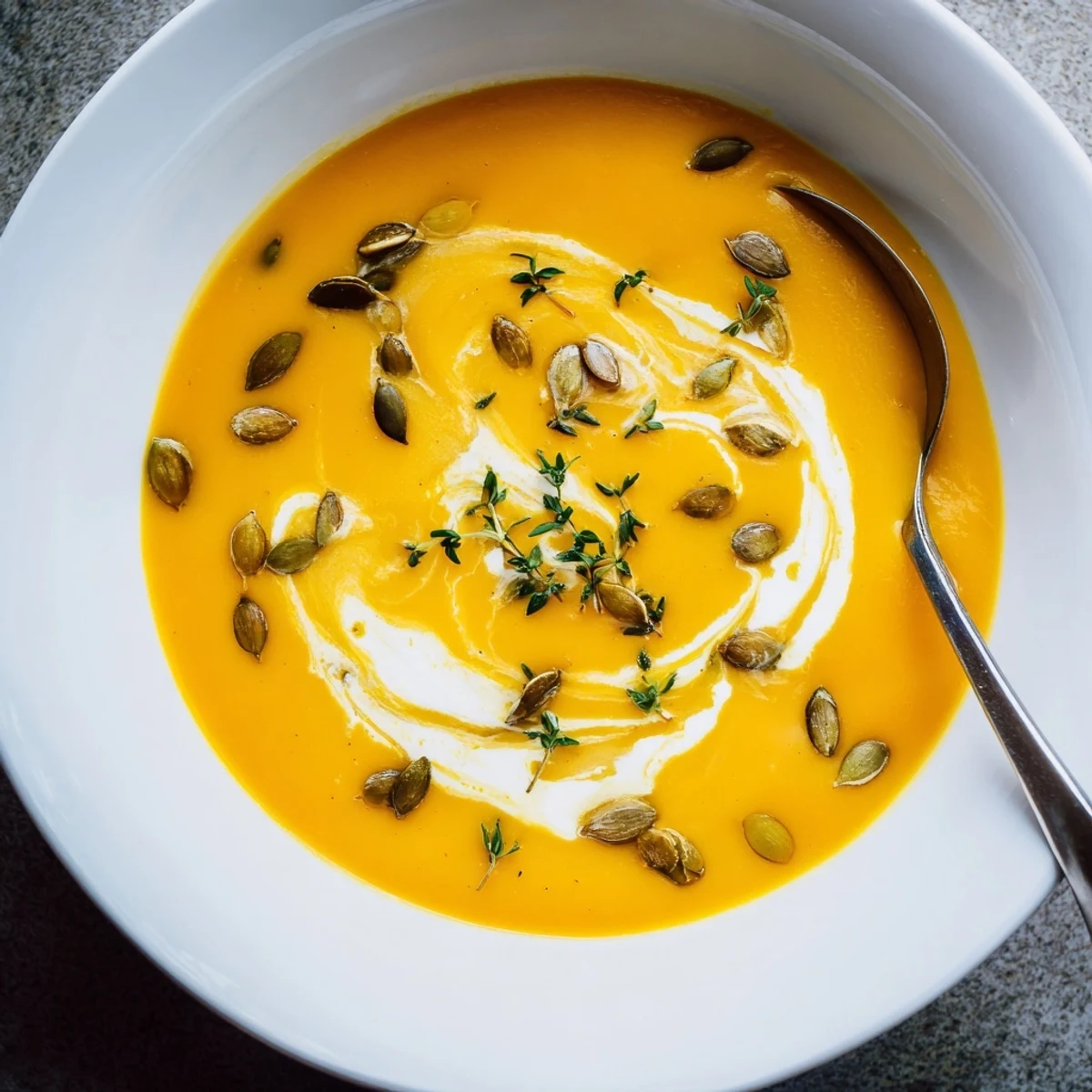 Steaming bowl of smooth roasted butternut squash soup topped with herb sprigs and a swirl of cream