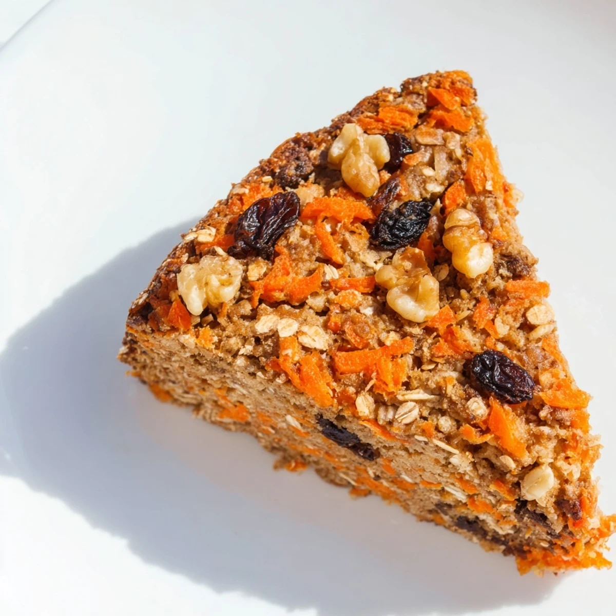 Golden flourless oatmeal carrot cake slice topped with cream cheese frosting and walnuts