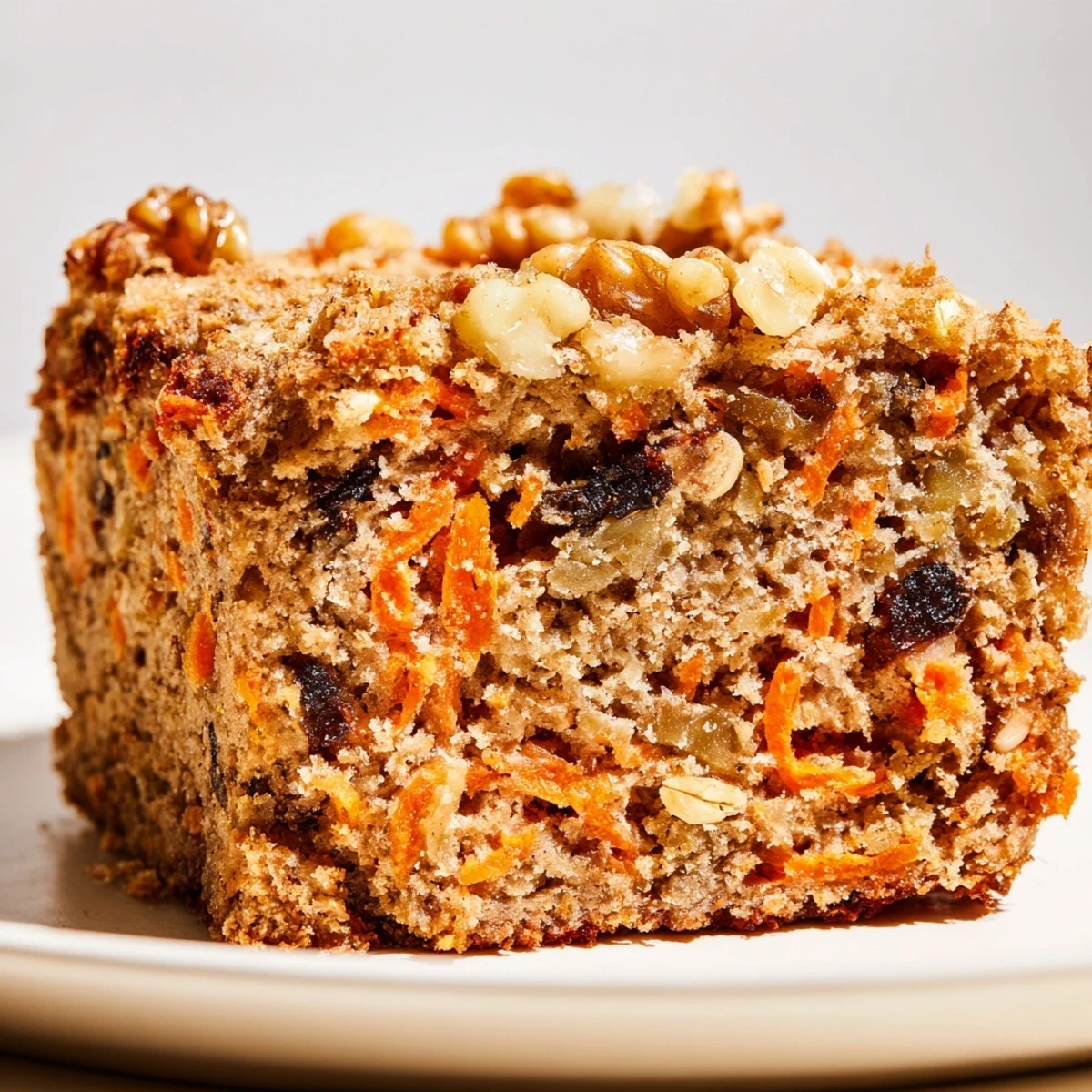 Wholesome flourless carrot cake squares sprinkled with cinnamon and chopped pecans on wooden board