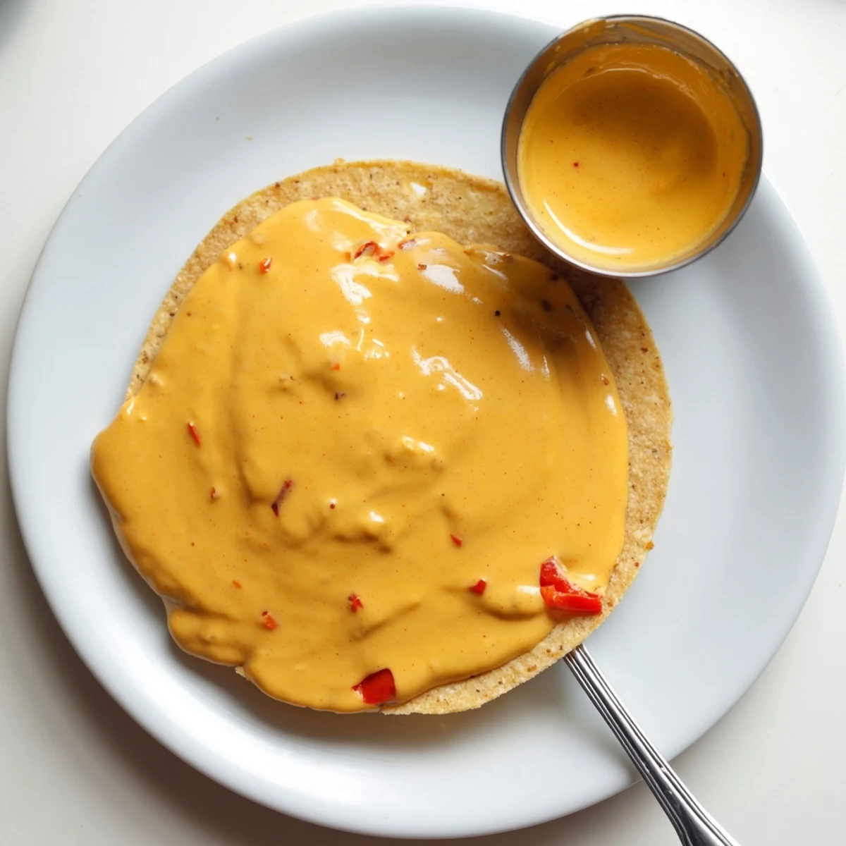 Creamy vegan nacho cashew cheese sauce drizzled generously over crispy tortilla chips