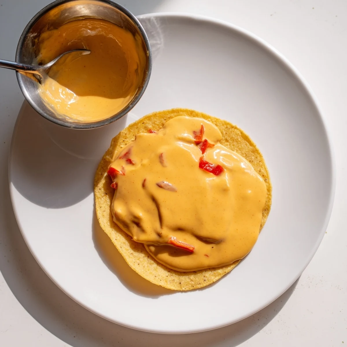 Golden dairy-free nacho cashew cheese sauce served warm in a rustic bowl