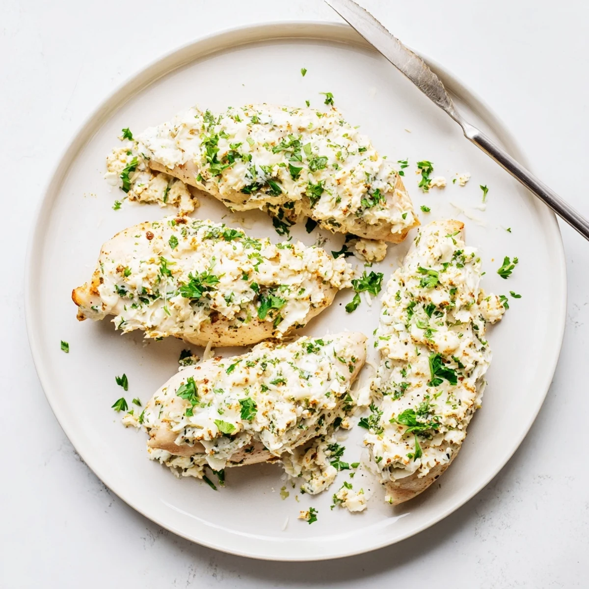 Golden brown chicken breasts topped with bubbling ricotta cheese mixture and fresh herbs
