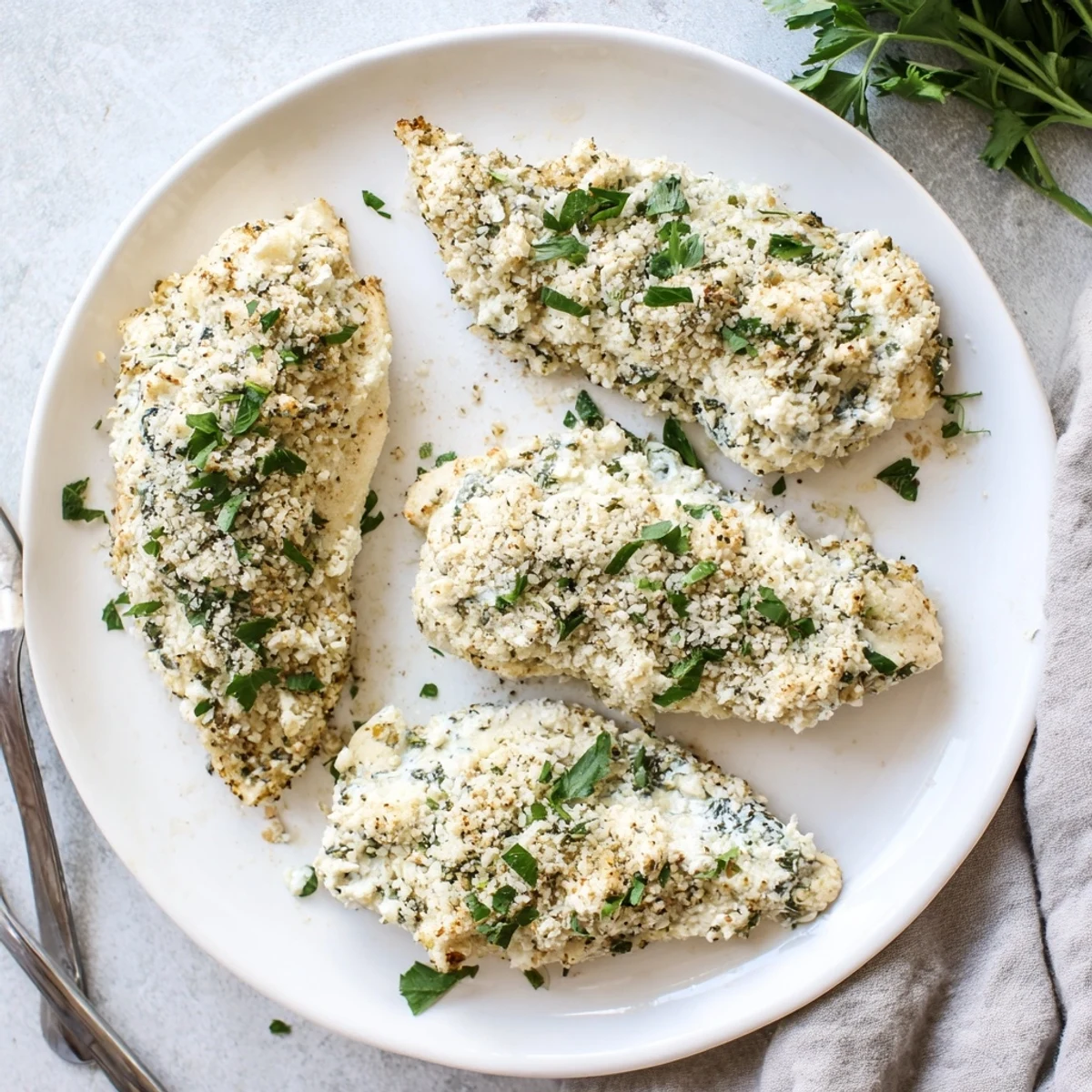 Creamy baked ricotta chicken fresh from the oven with melted mozzarella and parsley garnish