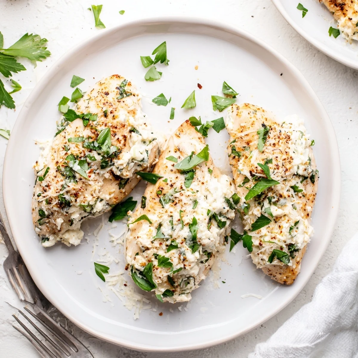 Juicy oven-baked chicken smothered in herbed ricotta topping served on a white platter