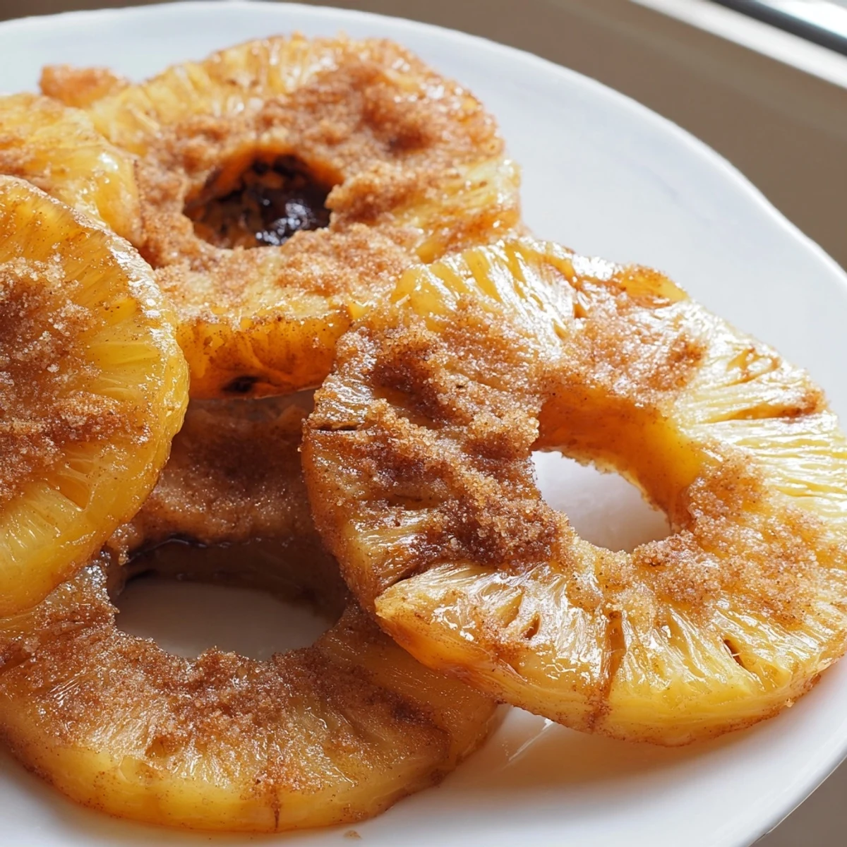 Golden brown air fryer pineapple slices caramelized with cinnamon sugar and served warm