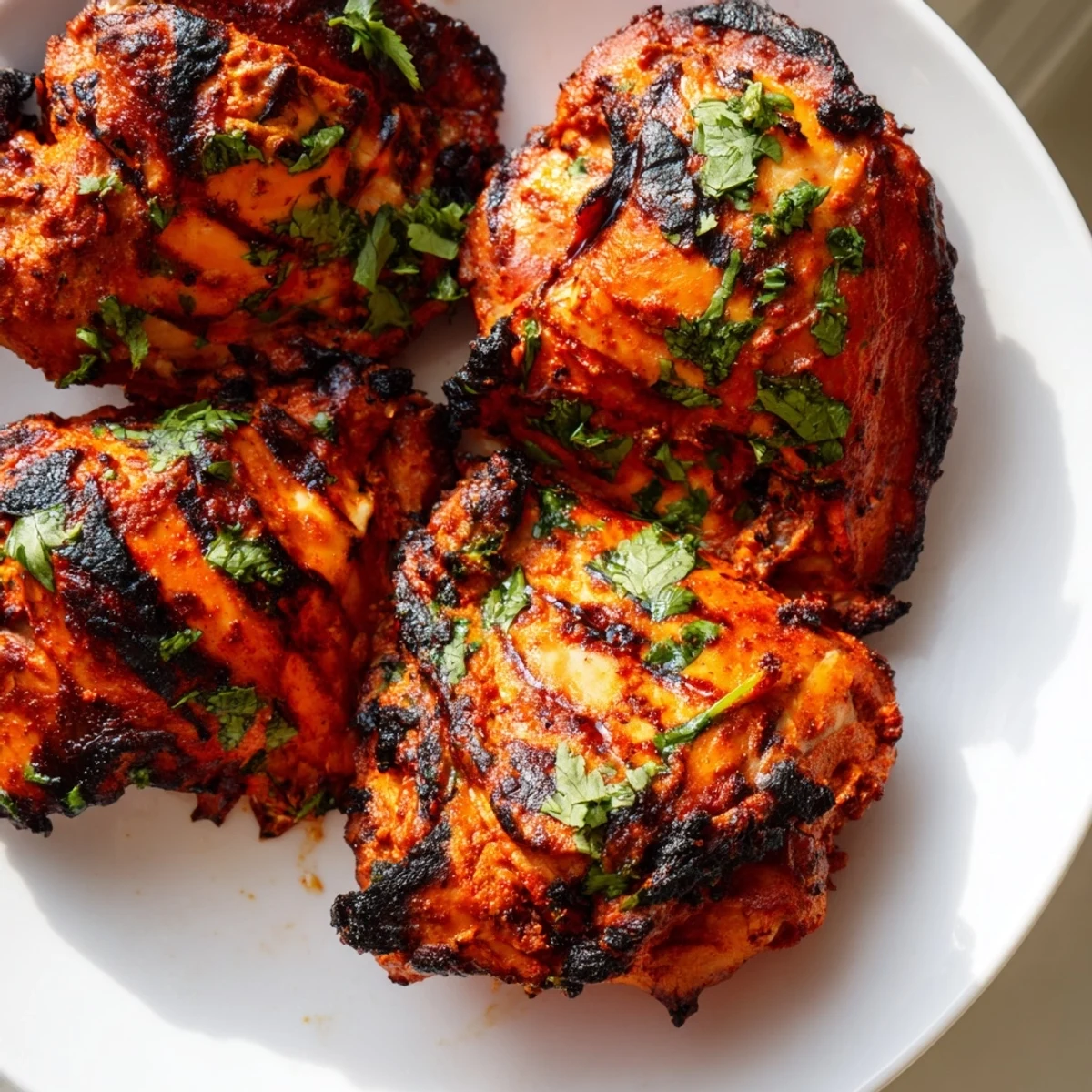 Succulent tandoori chicken pieces with charred edges garnished with fresh cilantro and lemon wedges on a white serving plate