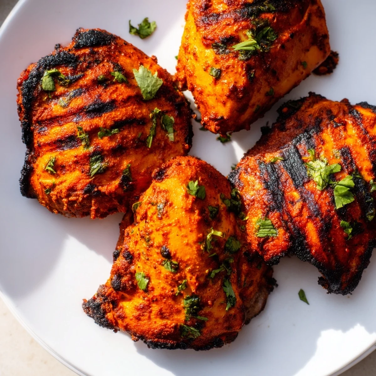 Tandoori chicken arranged on a platter alongside sliced red onions and garnished with chopped green herbs