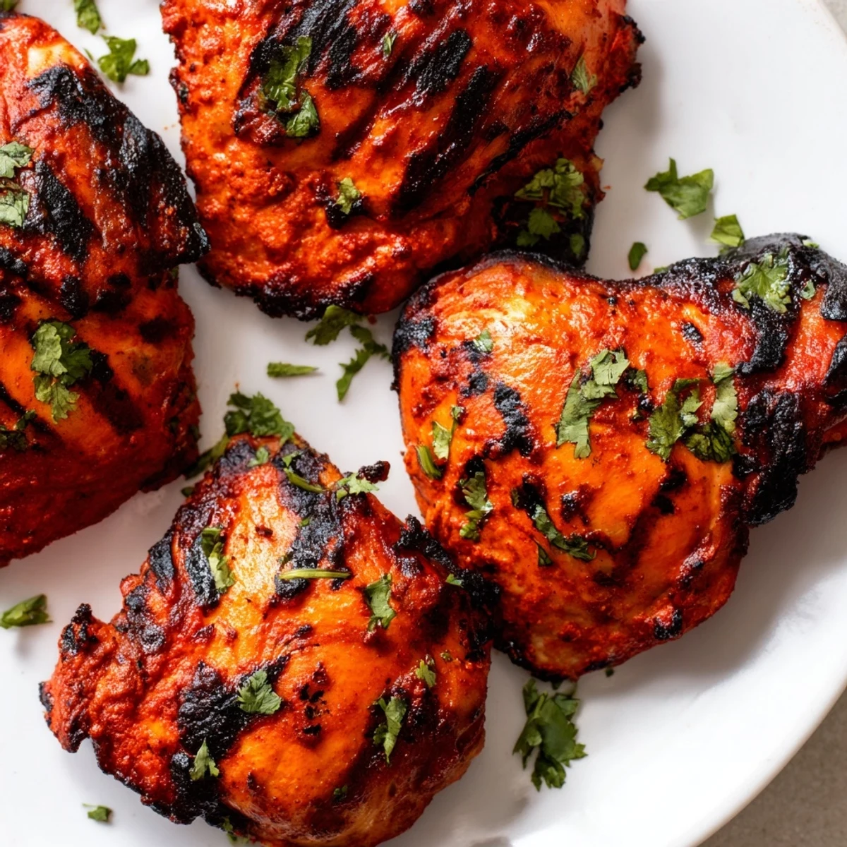Spicy yogurt-marinated tandoori chicken with golden charred spots served with naan bread and cooling cucumber raita