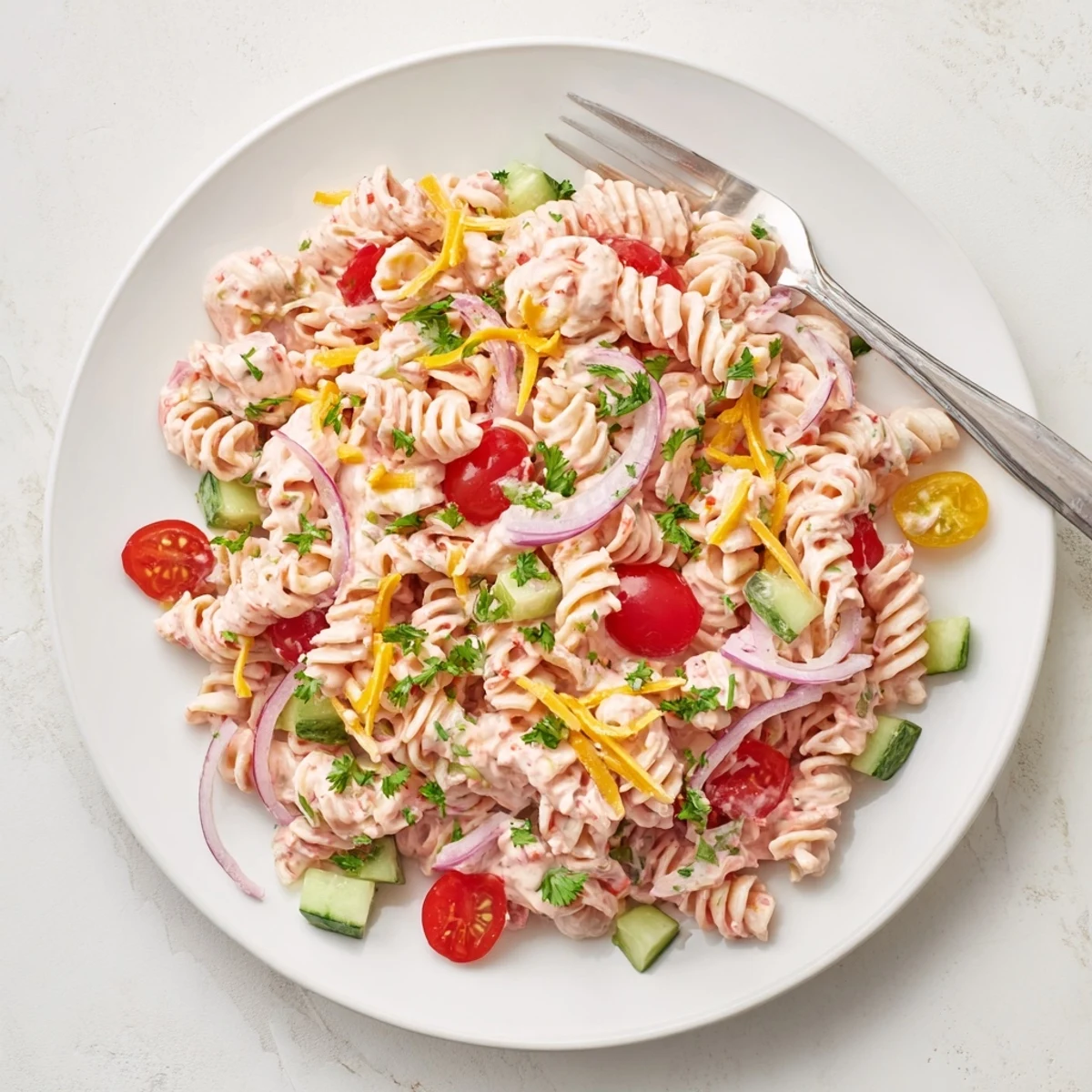 Creamy Pink Cadillac Pasta Salad with colorful vegetables and tangy pink dressing