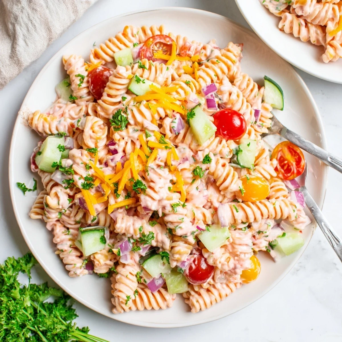 Pink Cadillac Pasta Salad served chilled with fresh parsley and shredded cheddar cheese