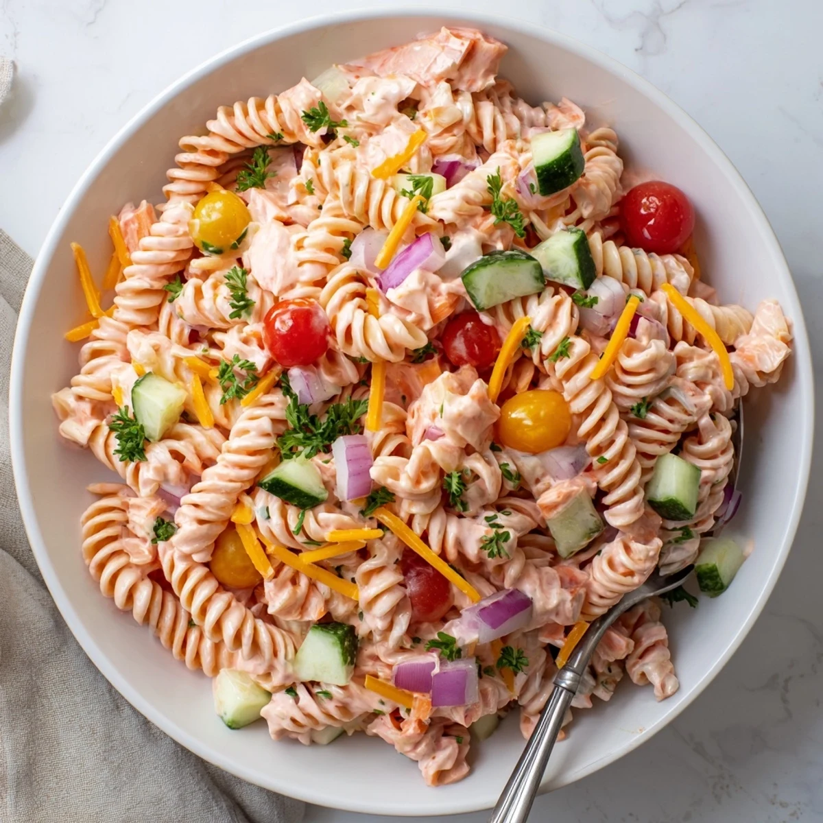 Vibrant pasta salad featuring cherry tomatoes red peppers and creamy pink Cadillac dressing