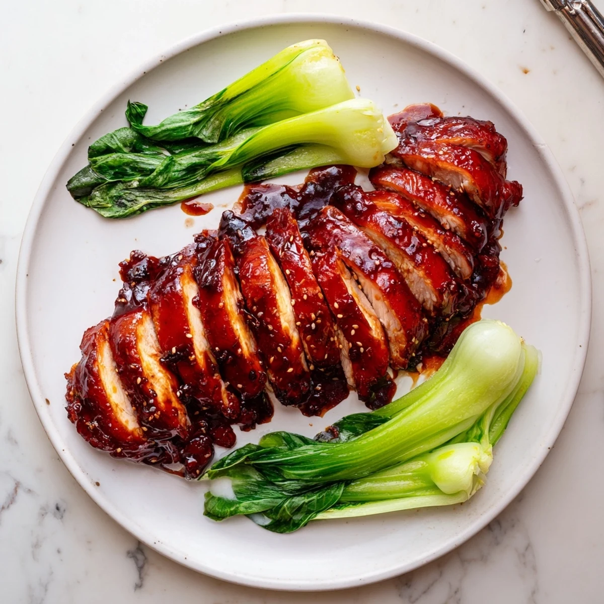 Sliced Char Siu chicken arranged over white jasmine rice, showcasing the glossy mahogany glaze and tender texture