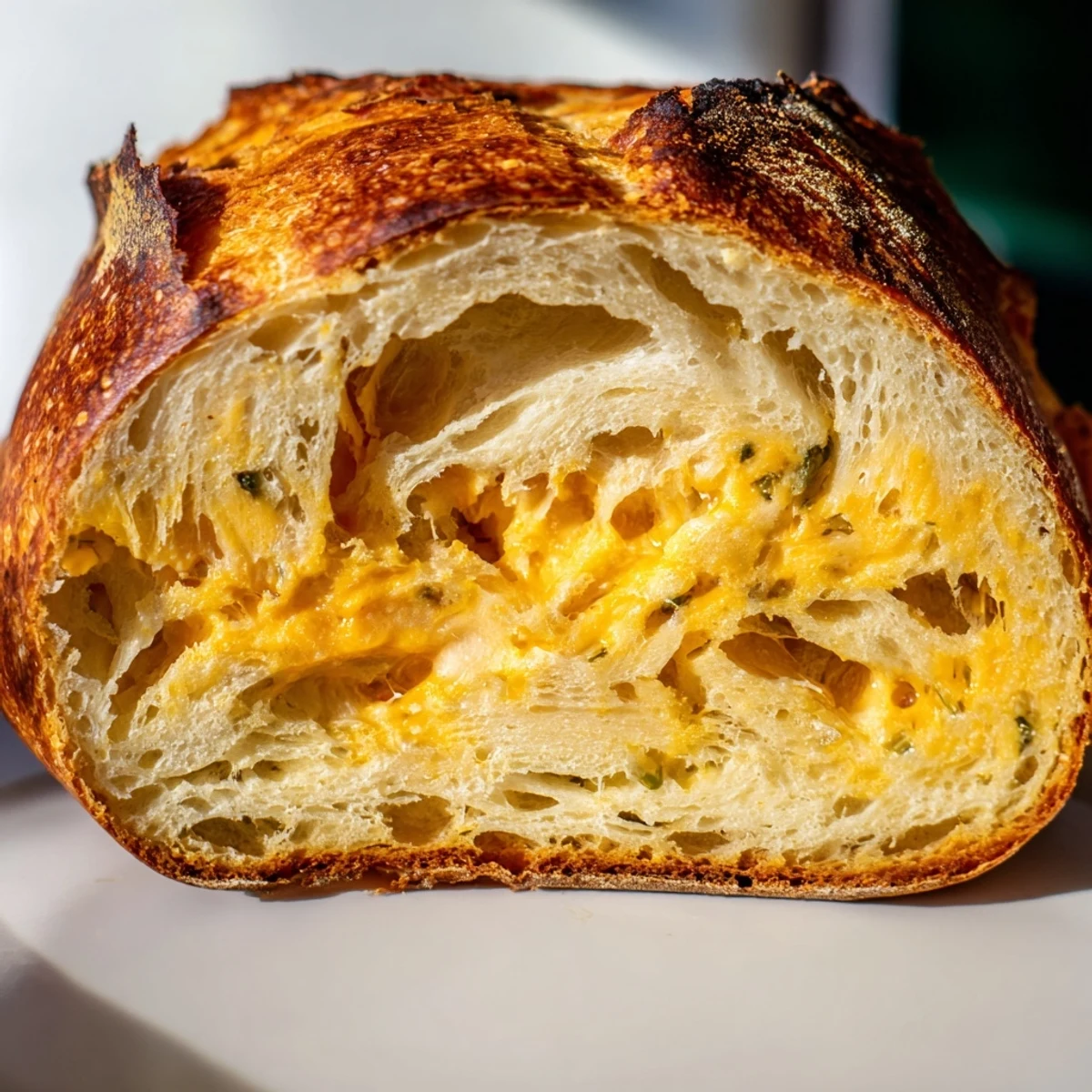 Sliced homemade jalapeno cheddar sourdough bread revealing tender crumb studded with sharp cheddar and jalapeño bits