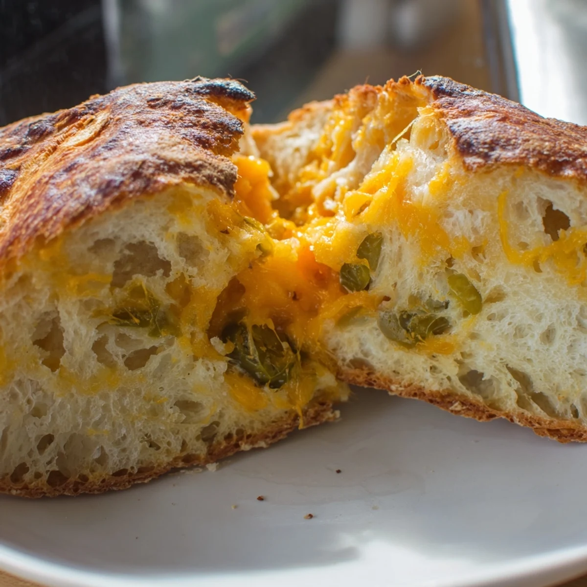Golden crusty loaf of jalapeno cheddar sourdough bread with visible spicy pepper slices and melted cheese pockets