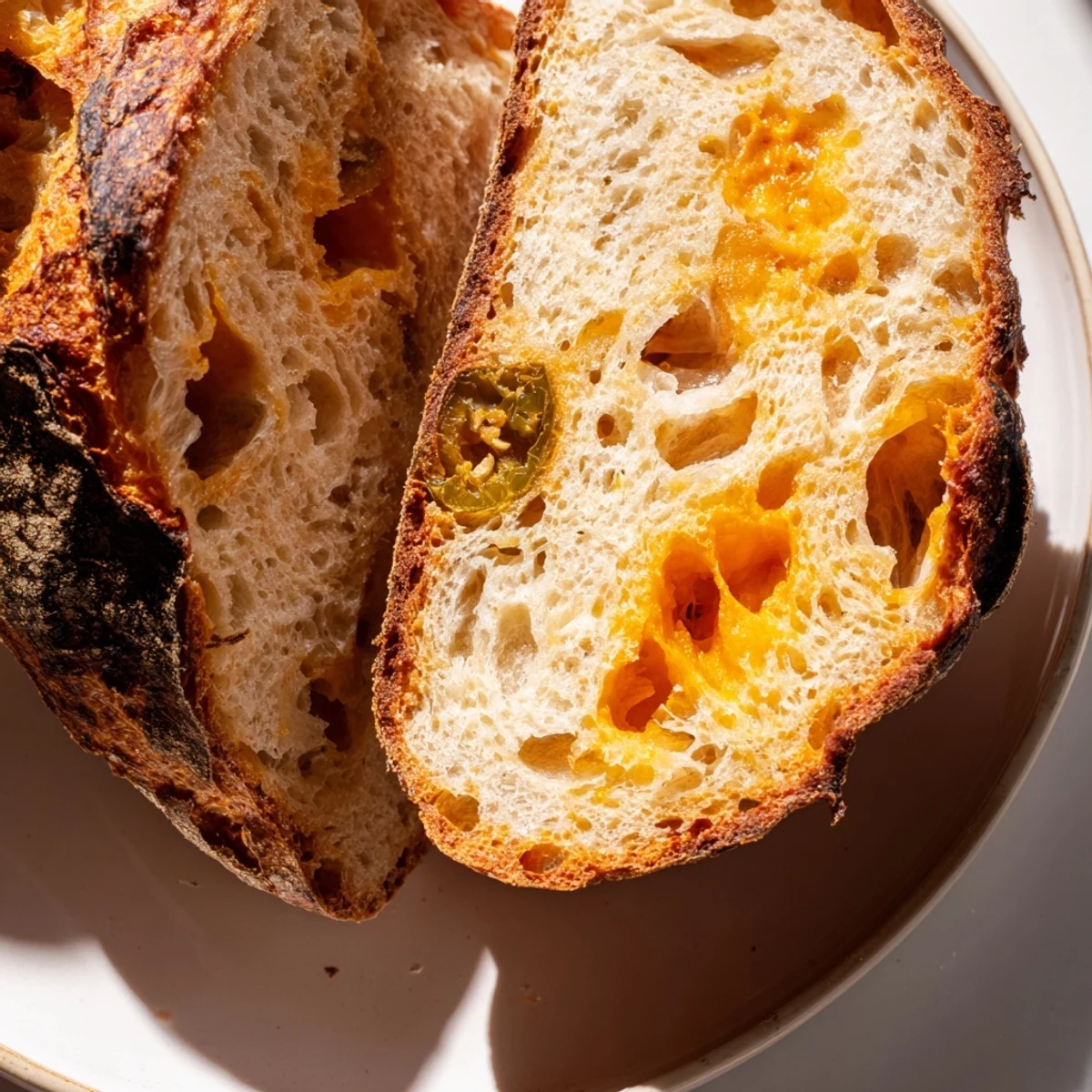 Whole round jalapeno cheddar sourdough bread on wooden board with dusting of flour and deep golden brown crust