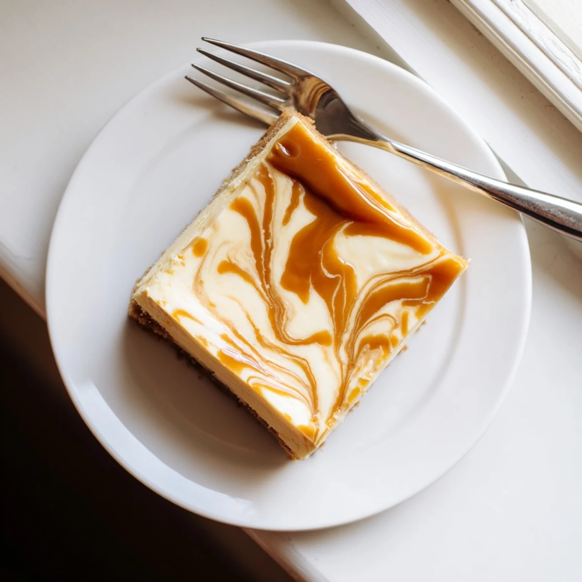 Rich caramel swirl cheesecake with golden ribbons marbled through creamy vanilla filling on buttery graham cracker crust