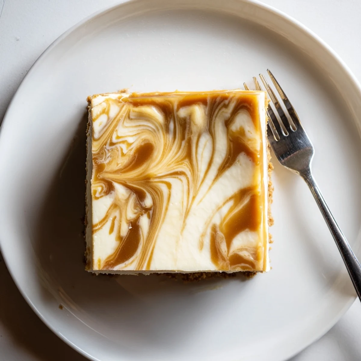 Slice of caramel swirl cheesecake revealing layers of smooth cream cheese filling and luscious caramel drizzle on crumbled crust