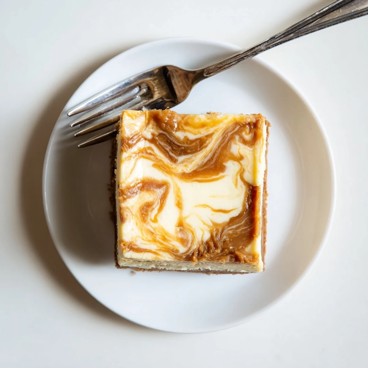 Homemade caramel swirl cheesecake plated with caramel pooling over the creamy dessert on a rustic wooden serving board