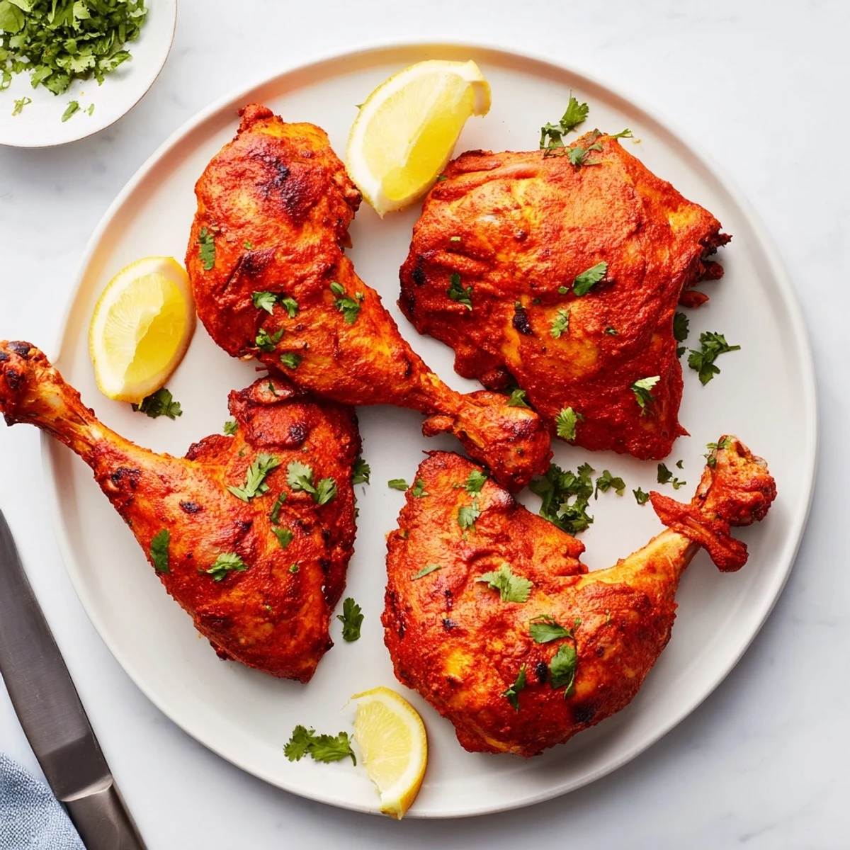 Succulent Tandoori Chicken with charred edges garnished with fresh cilantro and lemon wedges on a white plate