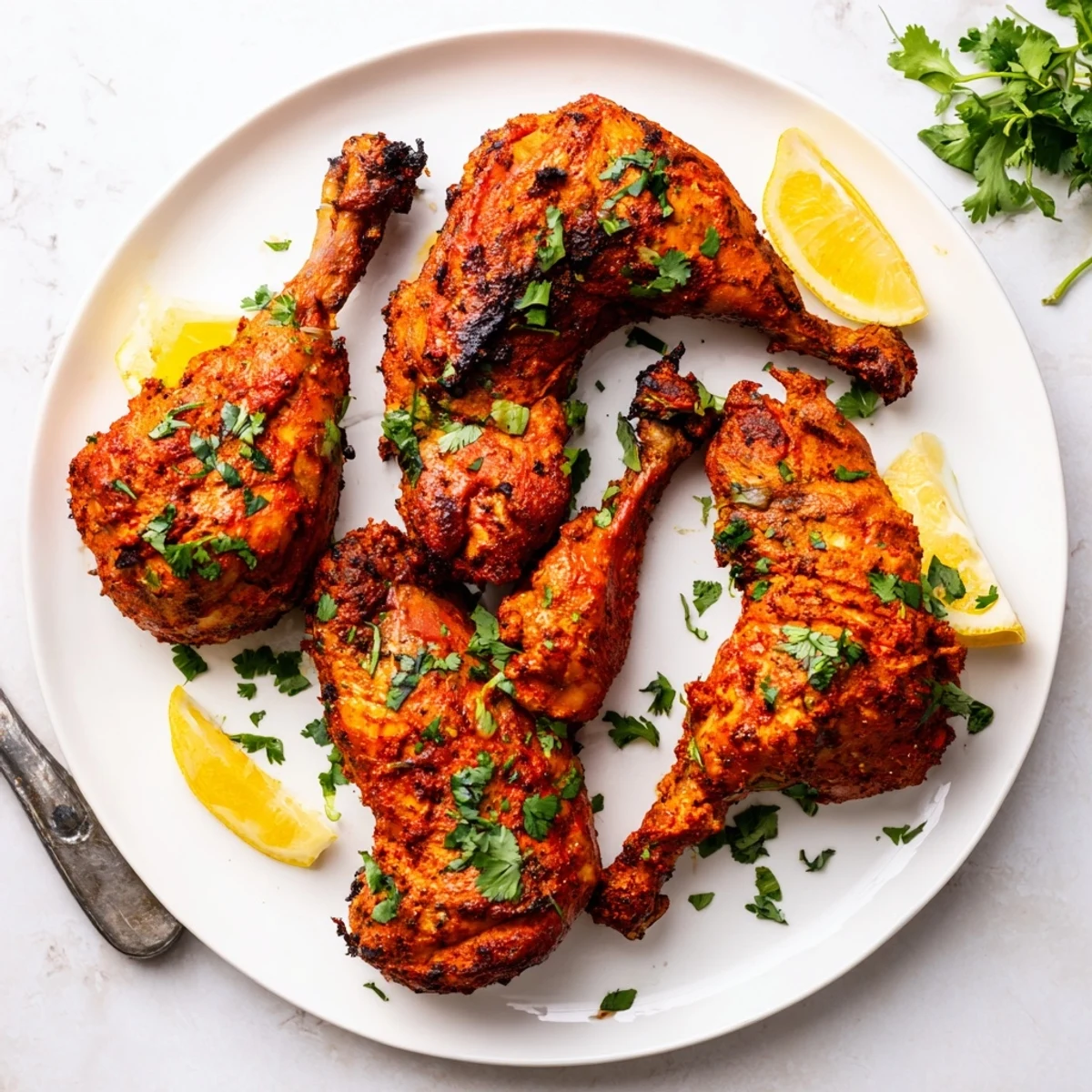 Roasted Tandoori Chicken pieces displaying smoky red marinade and tender meat on a wire rack