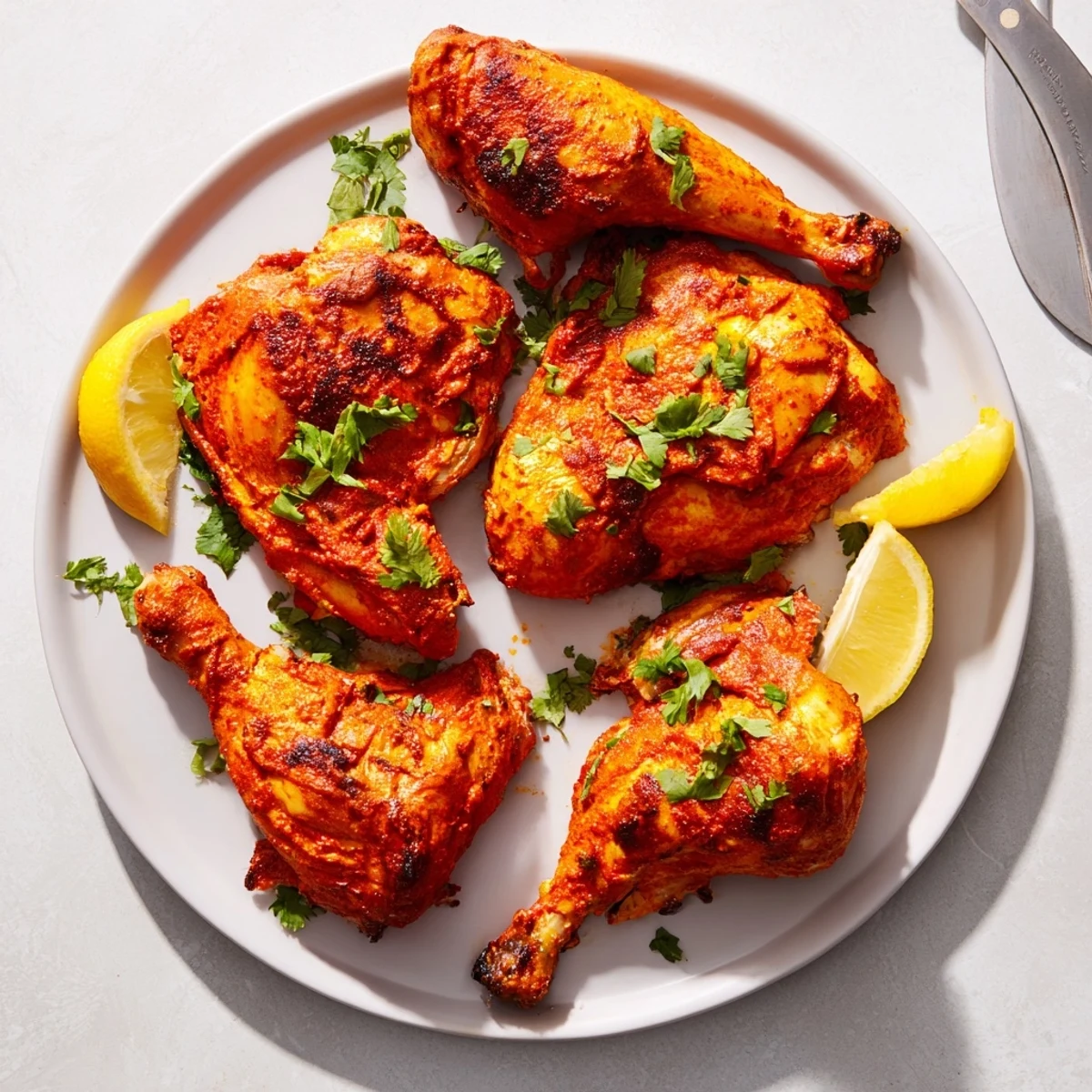 Homemade Tandoori Chicken served hot with aromatic yogurt-based spice coating and green cilantro sprinkles