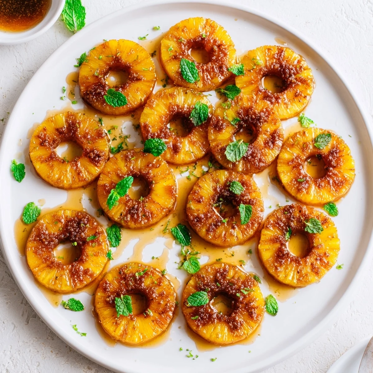 Golden air fryer pineapple rings coated with brown sugar and cinnamon