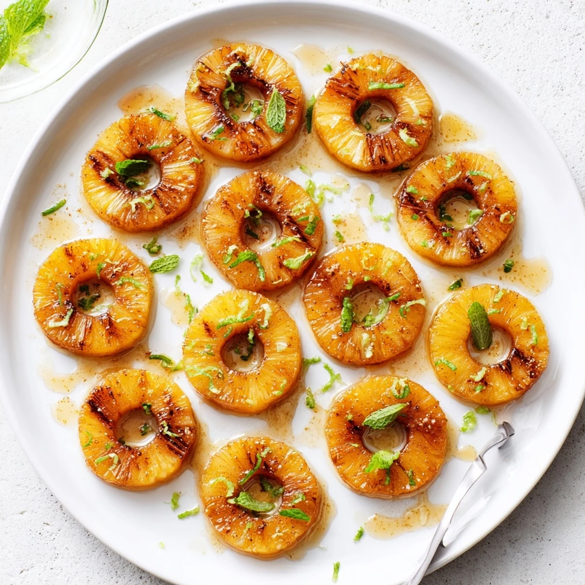 Sweet glazed pineapple rings served warm with fresh mint and honey