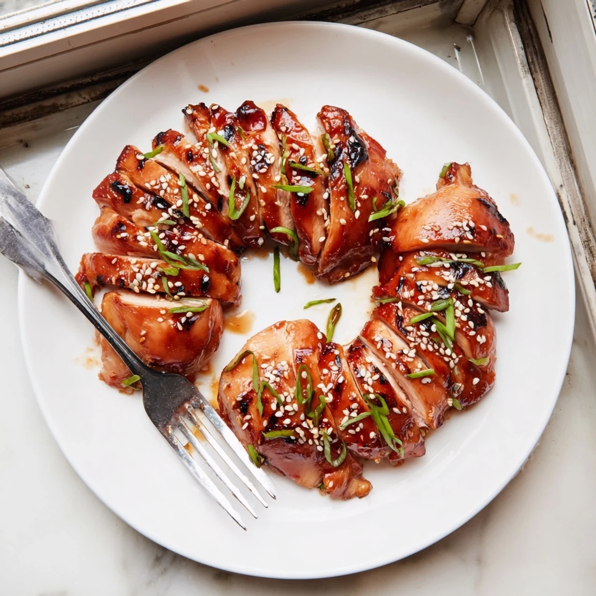 Sliced Cantonese-style char siu chicken thighs brushed with honey hoisin glaze over steamed white rice