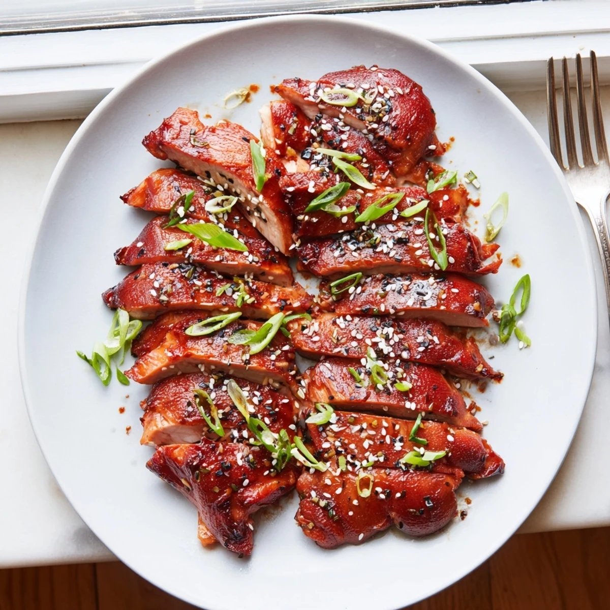 Golden glazed char siu chicken pieces arranged on a white plate with sticky caramelized edges