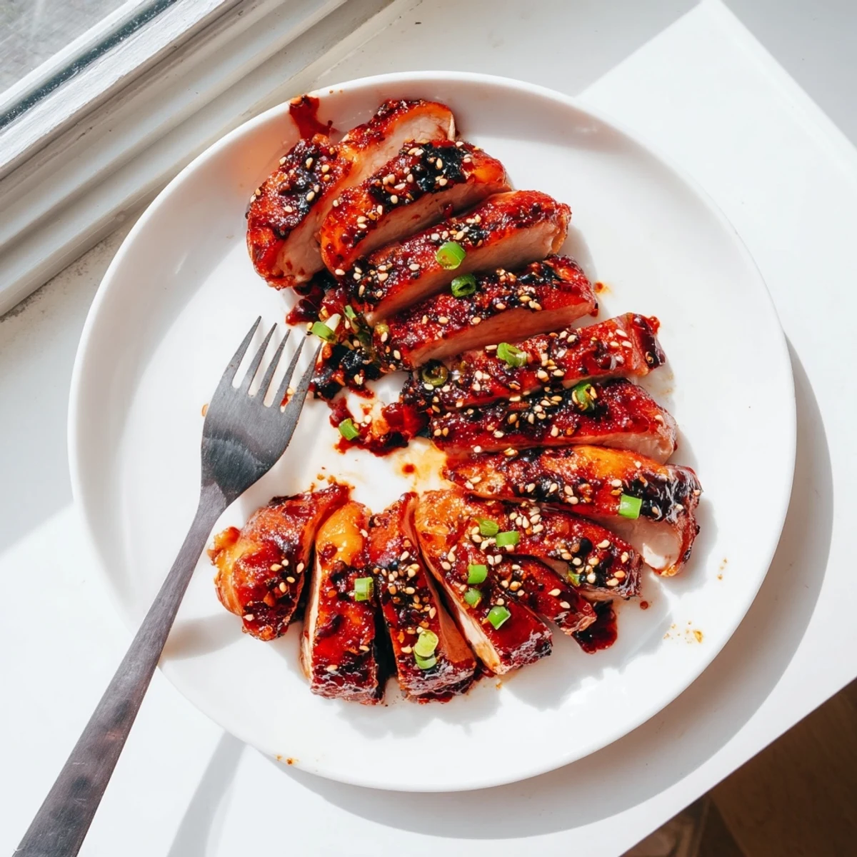 Oven-roasted char siu chicken displaying glossy red-brown coating on a wire rack with drippings below
