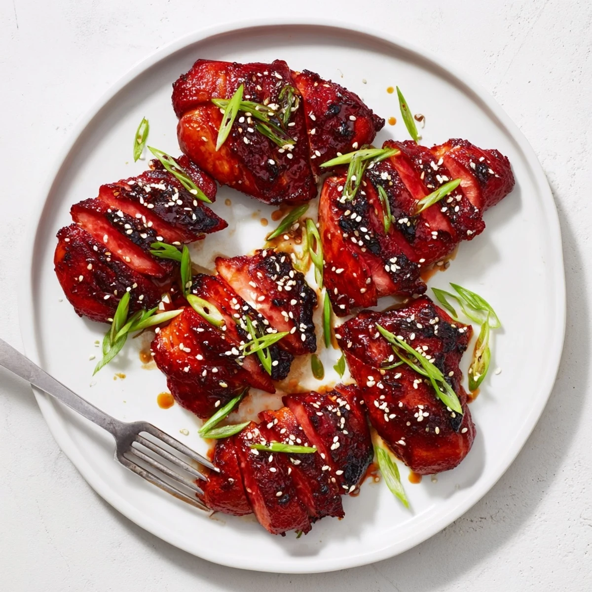 Golden glazed authentic char siu chicken slices garnished with fresh spring onions and sesame seeds