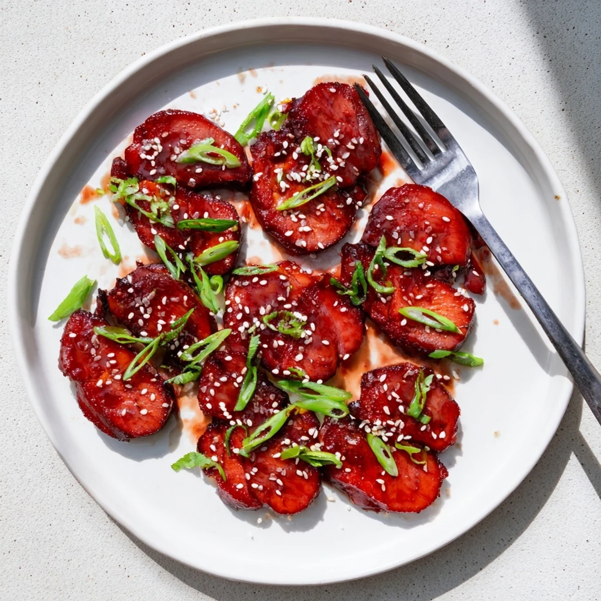 Chinese-style authentic char siu chicken arranged on serving plate with aromatic marinade and scallion topping