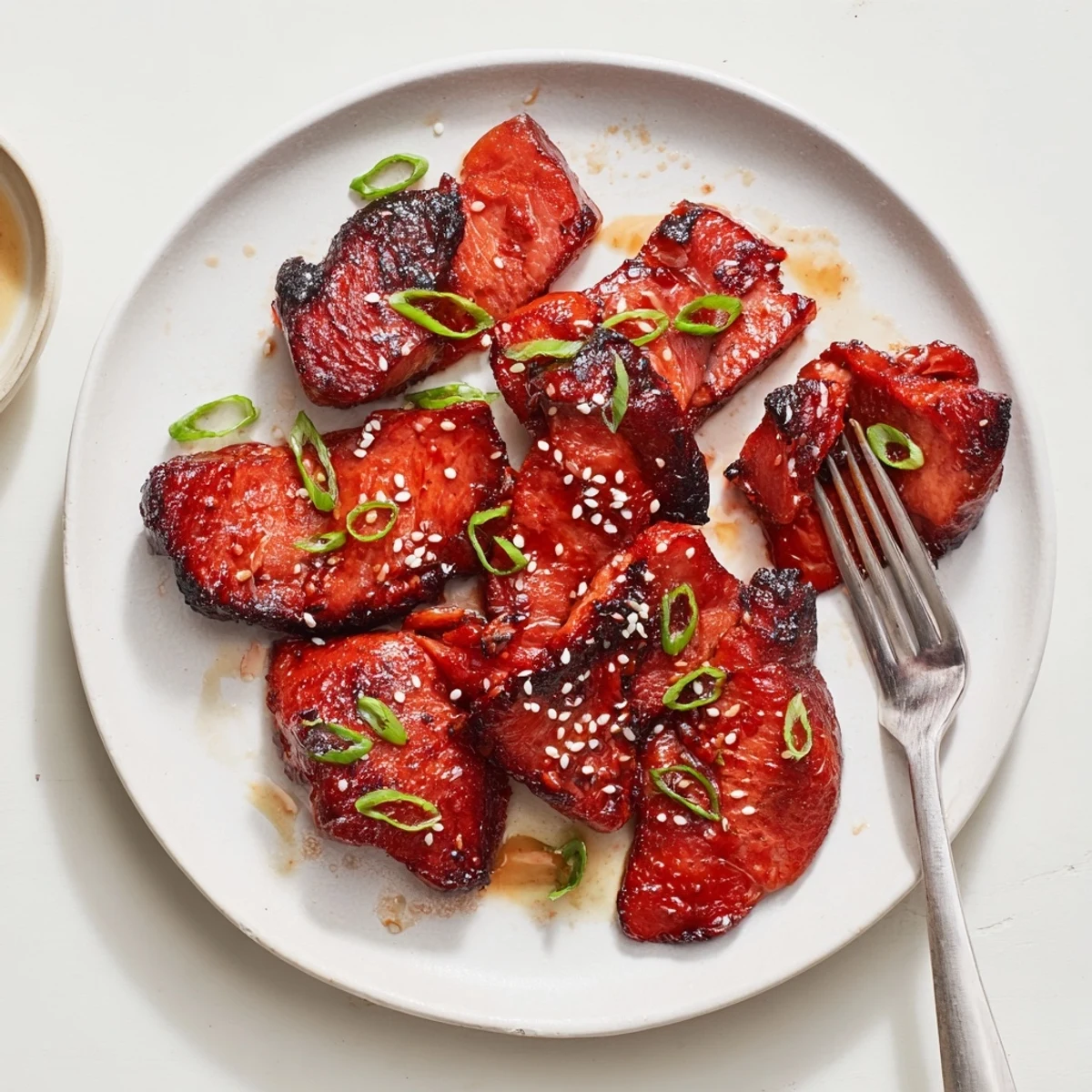 Juicy roasted char siu chicken pieces displaying caramelized edges and glossy red mahogany sauce coating