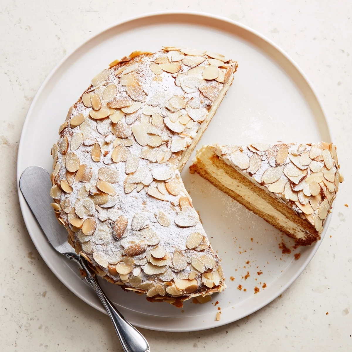 Sliced layer of almond cream cake revealing fluffy white frosting and ground almond filling between moist cake rounds