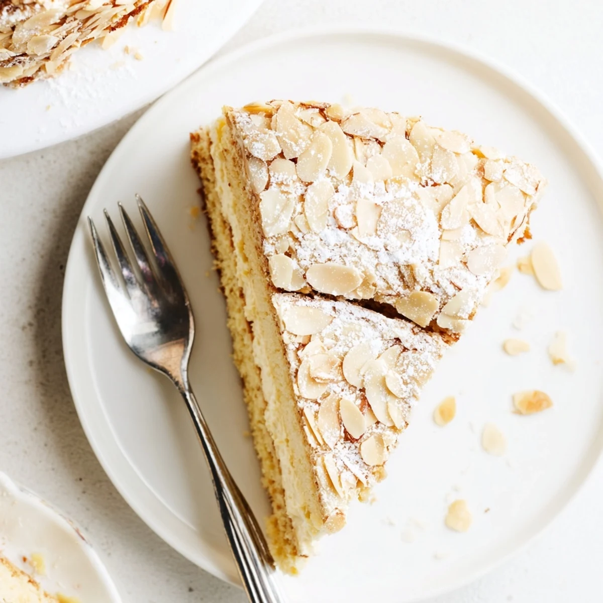 Golden almond cream cake layered with rich almond frosting and topped with toasted sliced almonds