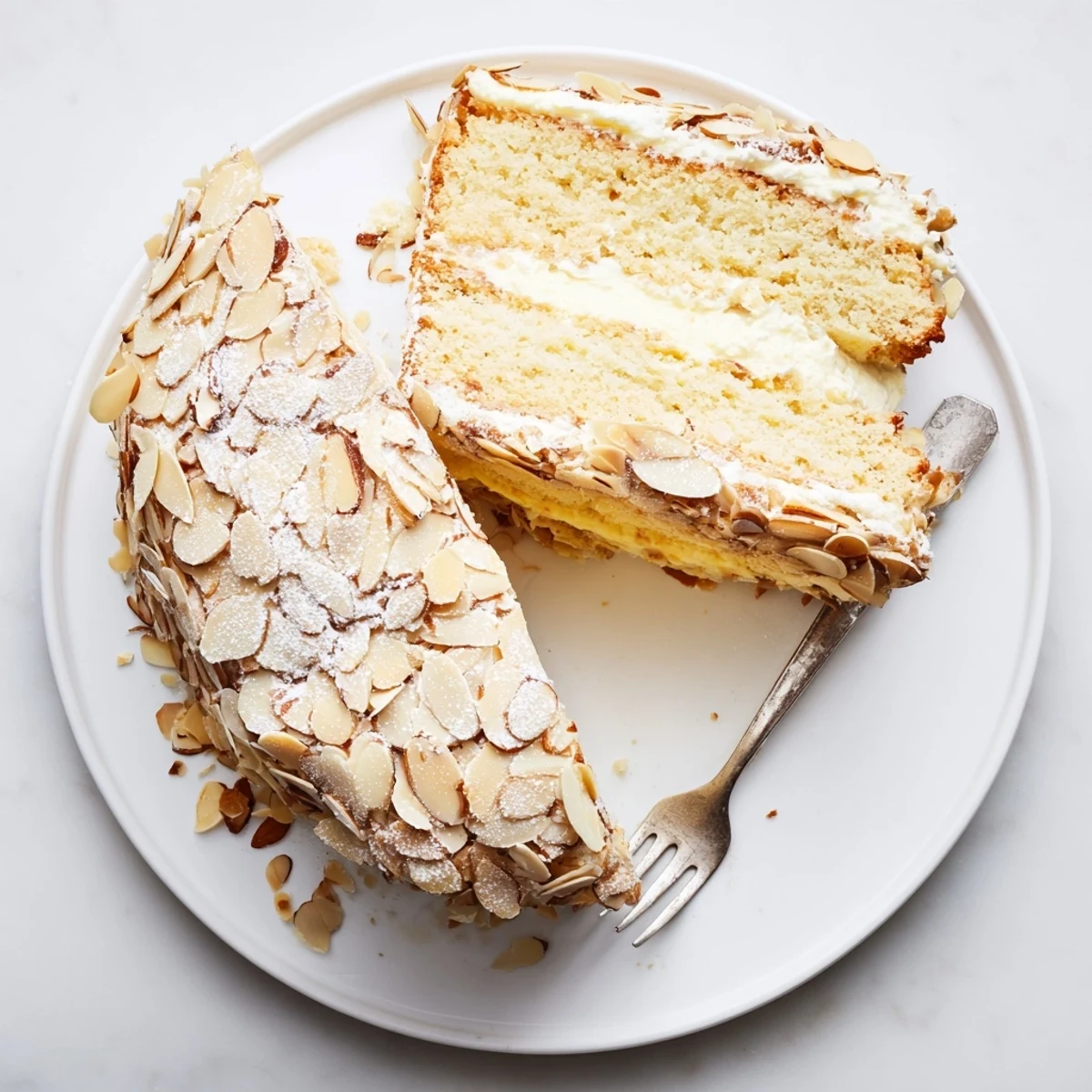 Dessert plate featuring almond cream cake dusted with powdered sugar and garnished with crunchy toasted almonds