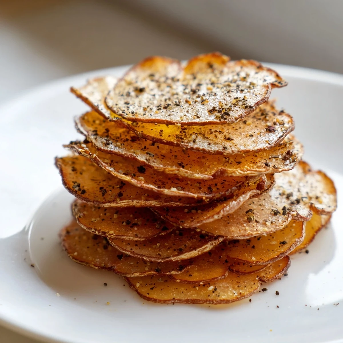 Golden brown air fryer radish chips arranged on a white plate with a light dusting of sea salt